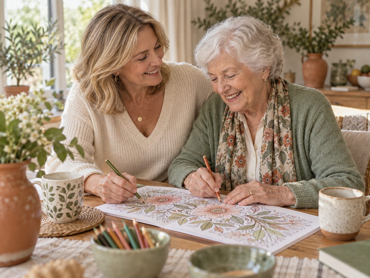 Madre e hija adulta compartiendo una tarde de colorear