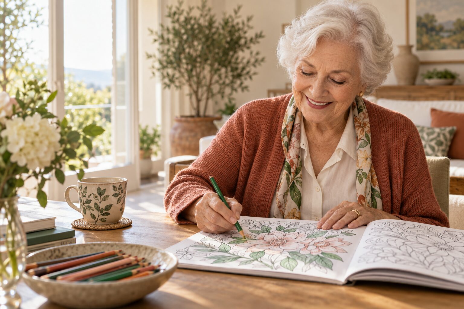 Mujer mayor disfrutando de un libro para colorear en casa